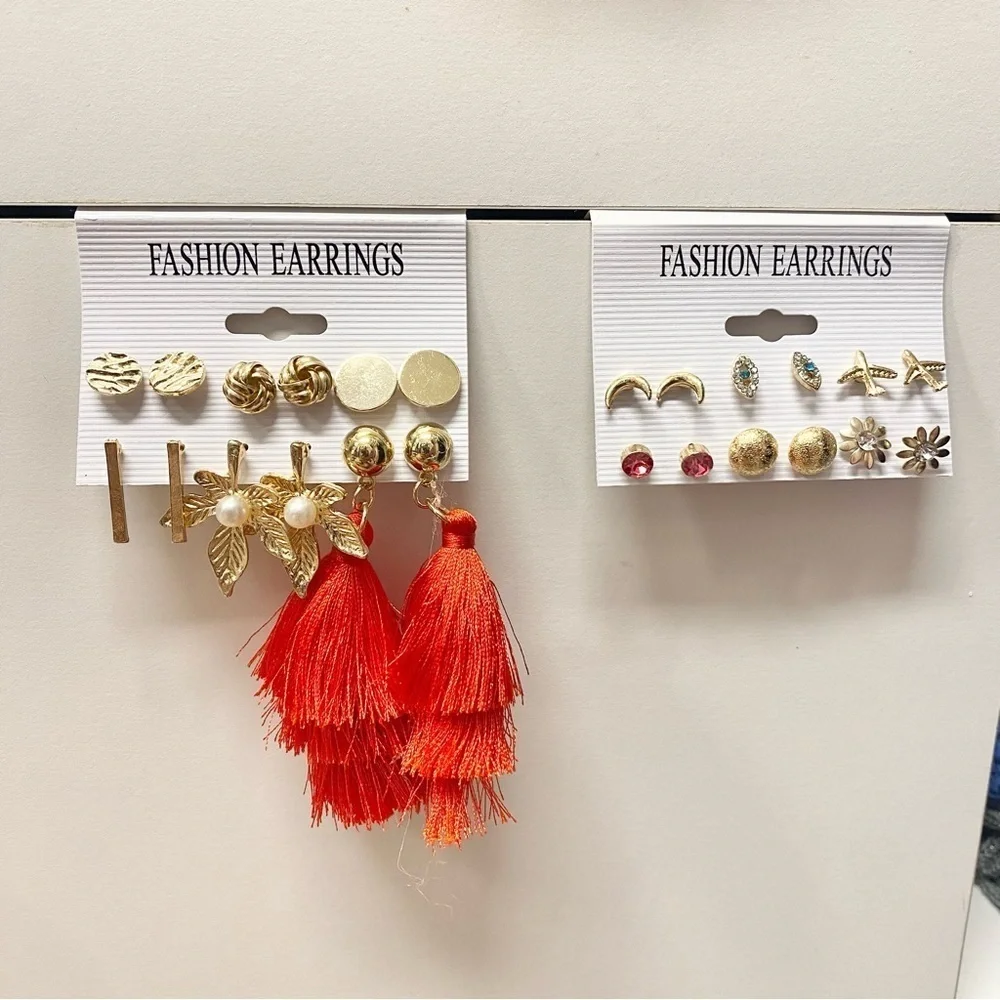 45 Pairs of Earrings! Gold Tone Studs, Fringe, Shapes